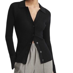 REISS Alicia Black Ribbed Knit Button-Front Cardigan Size S